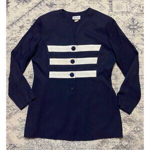 Vintage K Studio Navy Blazer Womens Size 12 White Stripes‎ Button Long Sleeves